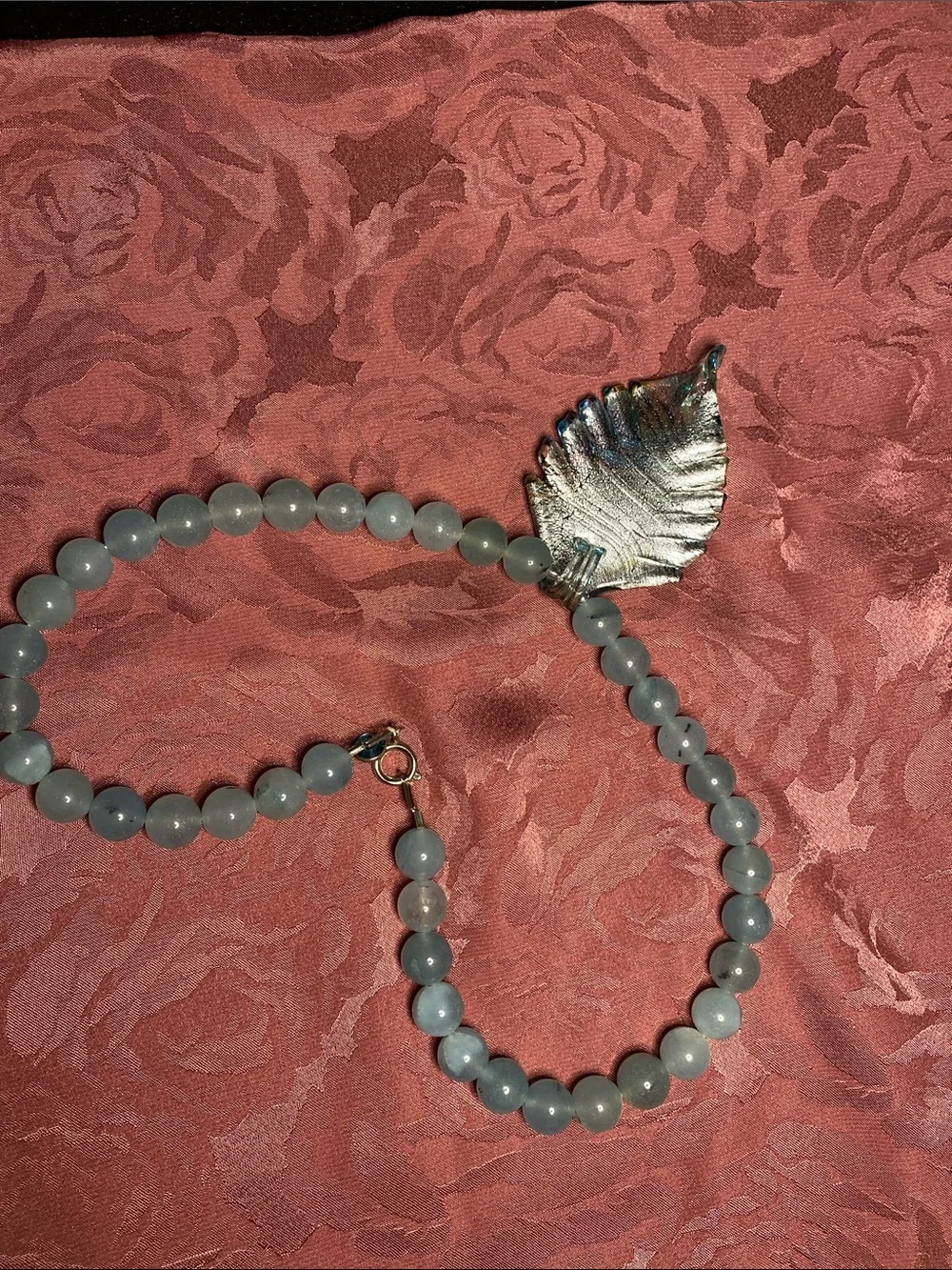 Blue Beaded Necklace with Dichroic Glass Leaf Pendant